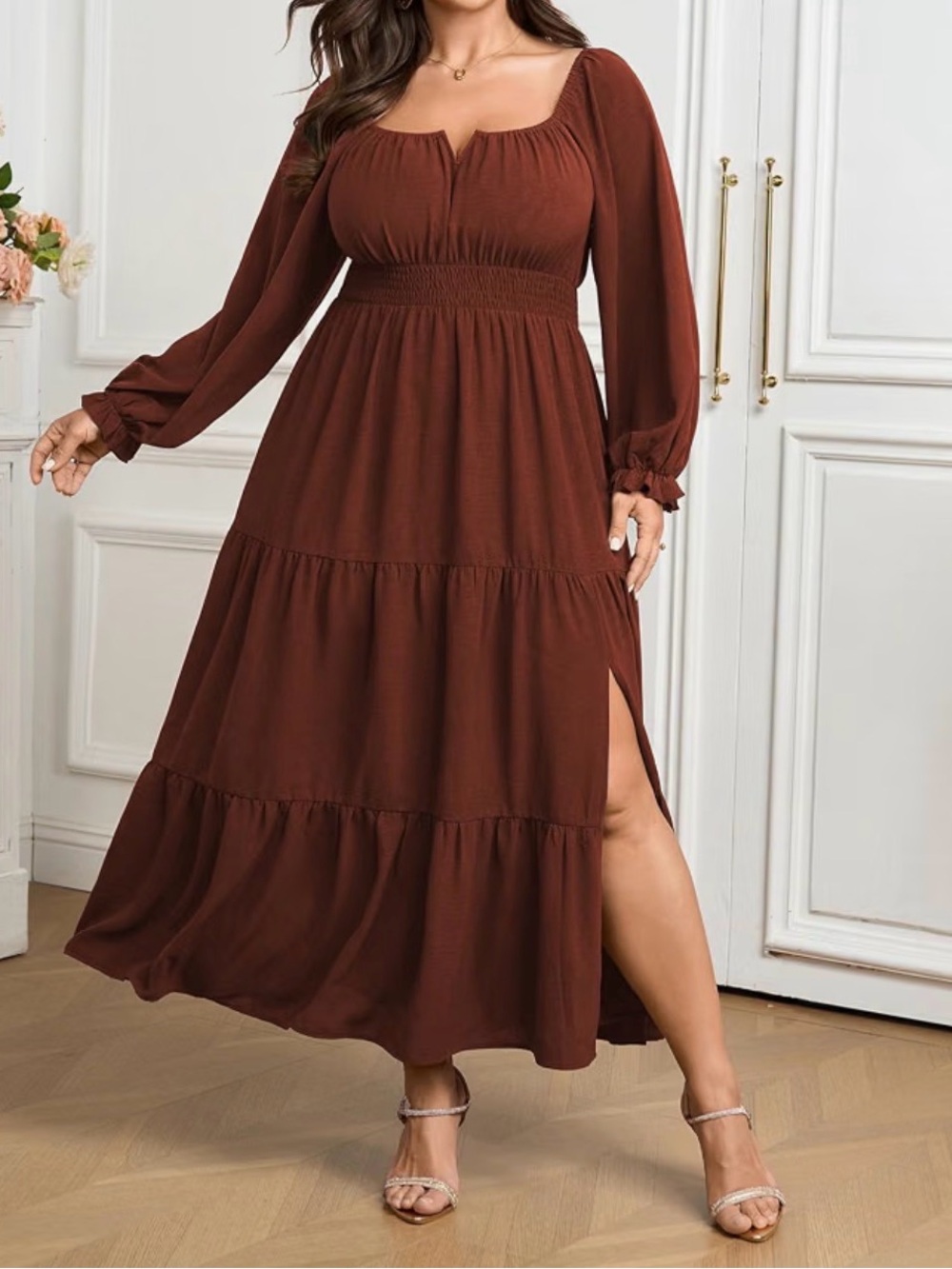 chic Chocolate Brown Tiered Maxi Dress with Long Sleeves